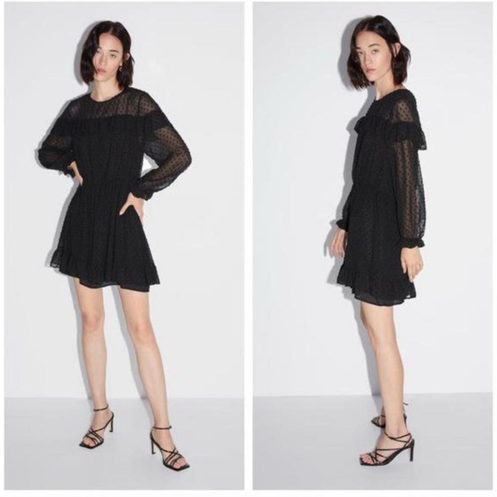 Zara Swiss Dot Chiffon Black Long Sleeve Mini Dress